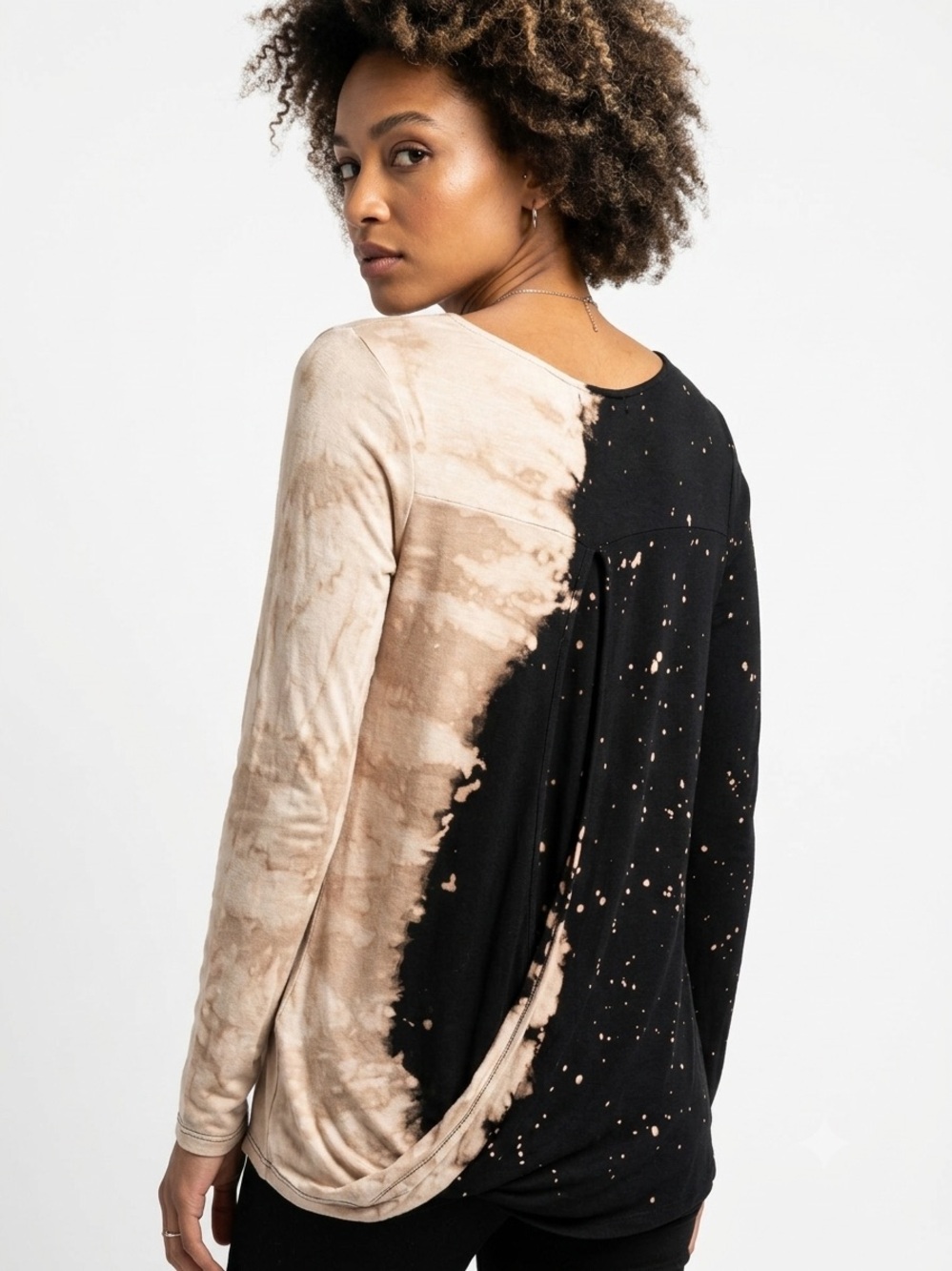 Hem & Thread Long Sleeve Split-Dye Top Open Drapey Back Cottony Comfy Stretchy